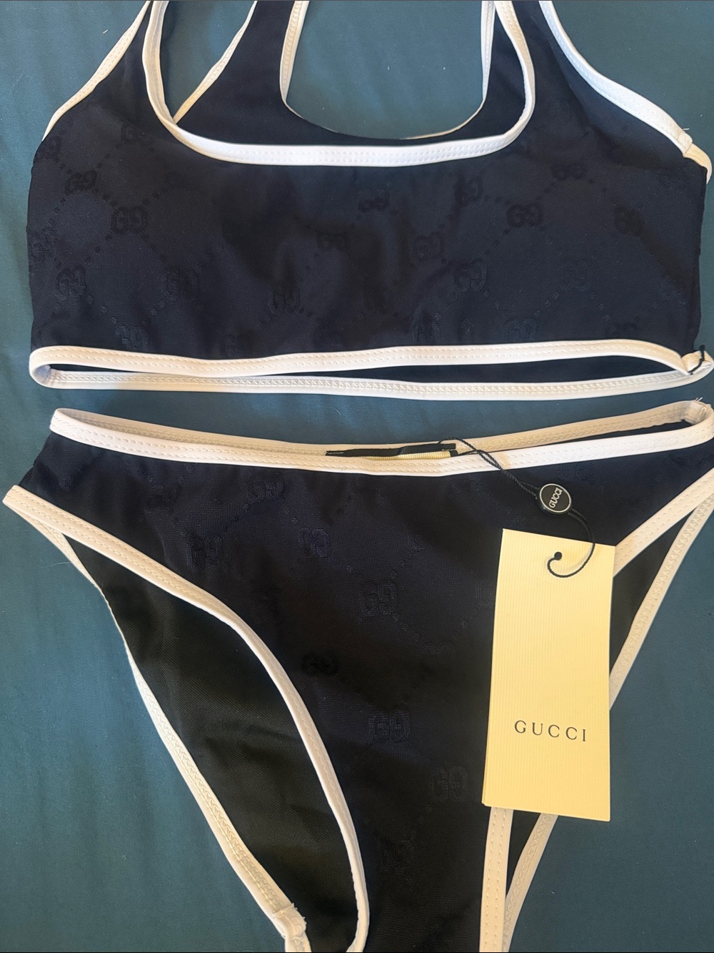 Gucci Black with White Trim Logo Jacquard Bikini